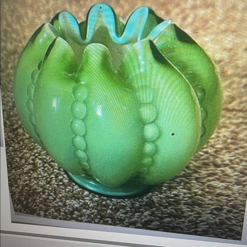 VTG Fenton Rose Bowl Vase Green Round crimped Hobnail 3”